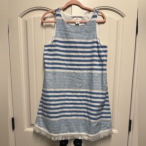 Vineyard Vines Blue/White Striped Sleeveless Dress Fringe Bottom Sz 10 Boho Chic